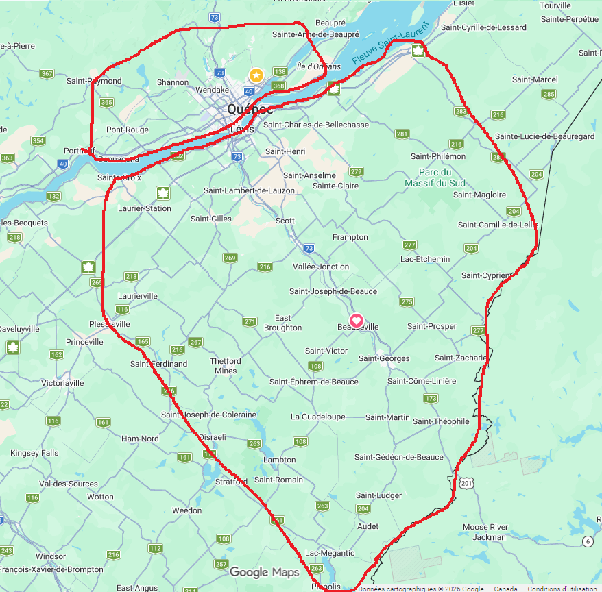 Carte de la zone de services Climanet délimitée par un tracé rouge